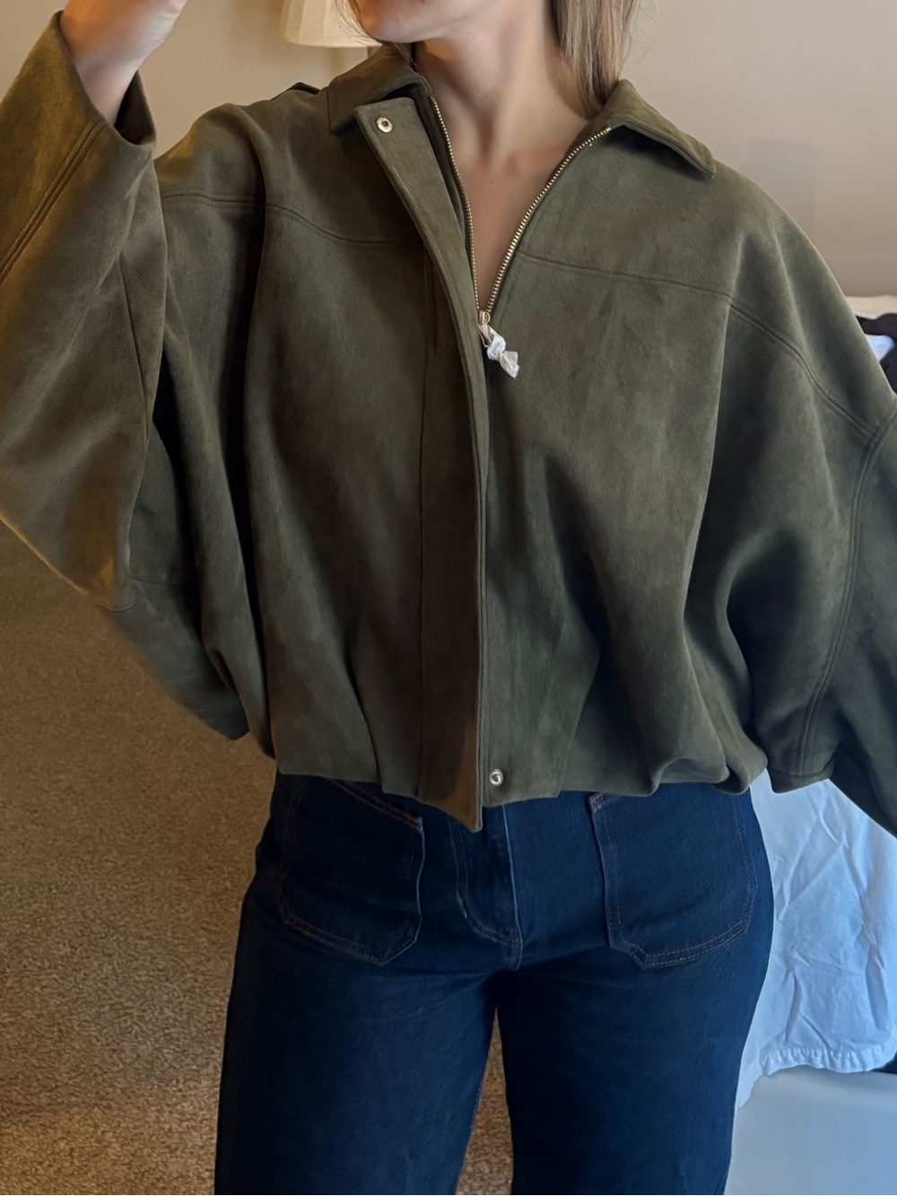 Zara Olive Green Suede Bomber Jacket
